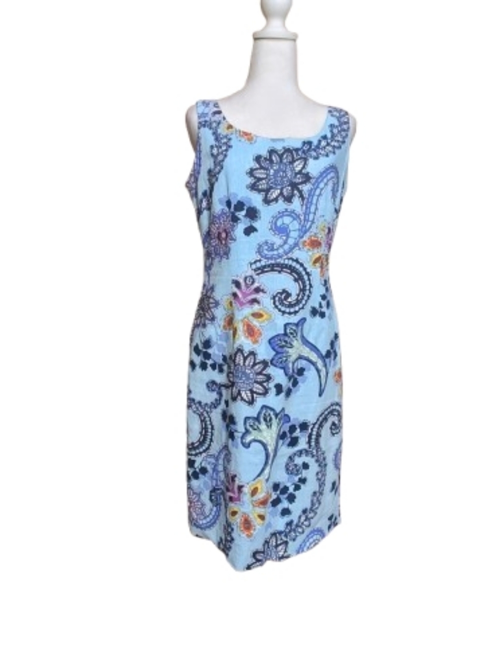 Willow Glenn Linen Blend Dress Blue Paisley Floral Sleeveless Shift M